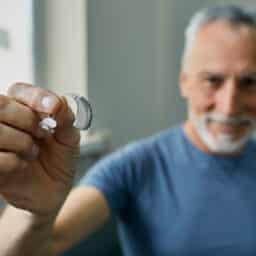 Senior man holding up new hearing aid.