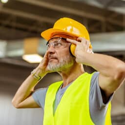 An industrial worker wears safety gear, including helmet and ear protection, in a brightly lit workspace, focusing on auditory safety.